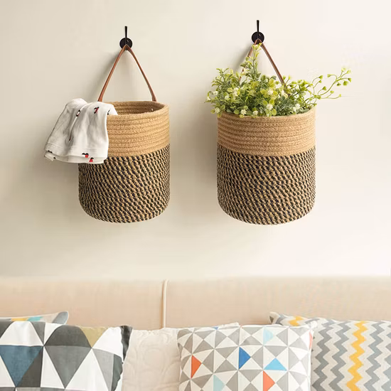 Cesto de armazenamento decorativo para vaso de flores puro feito à mão pendurado montado na parede